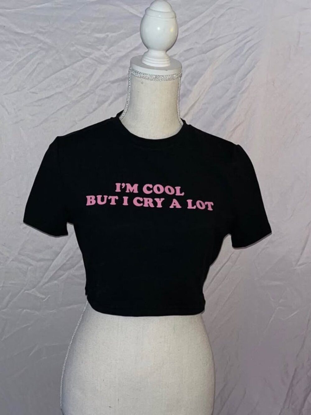 “I’m Cool But I Cry A Lot” Black and Pink Crop Top, Juniors Large